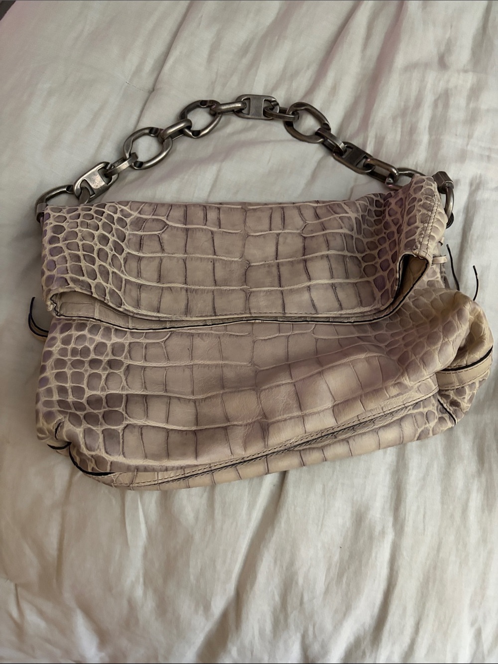 Cream Croc-Embossed Shoulder Bag with Chunky Chain Strap